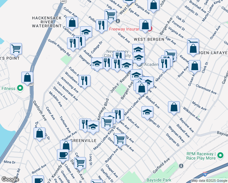 map of restaurants, bars, coffee shops, grocery stores, and more near 1974 John F. Kennedy Boulevard in Jersey City