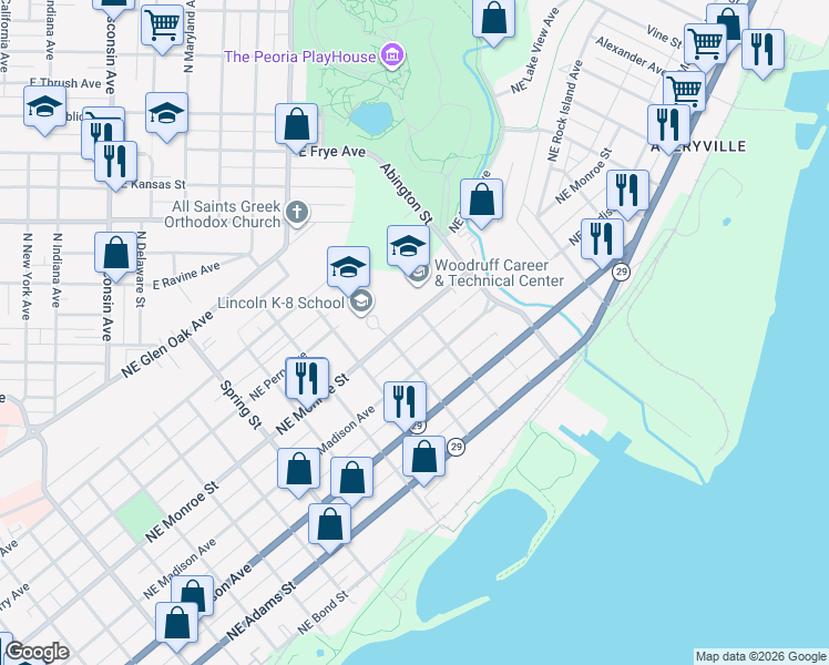 map of restaurants, bars, coffee shops, grocery stores, and more near 1712 NE Monroe St in Peoria