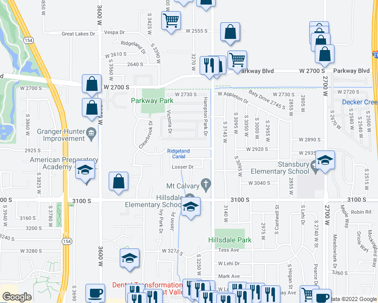 map of restaurants, bars, coffee shops, grocery stores, and more near 3285 Brookway Drive in Salt Lake City