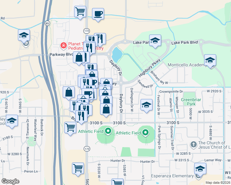 map of restaurants, bars, coffee shops, grocery stores, and more near 5432 West Brentford Court in West Valley City