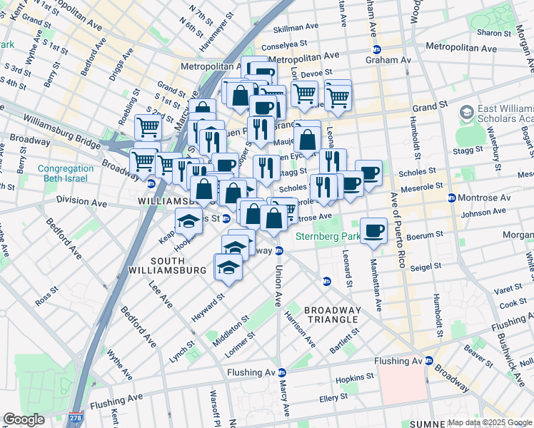map of restaurants, bars, coffee shops, grocery stores, and more near 436 South 5th Street in Brooklyn