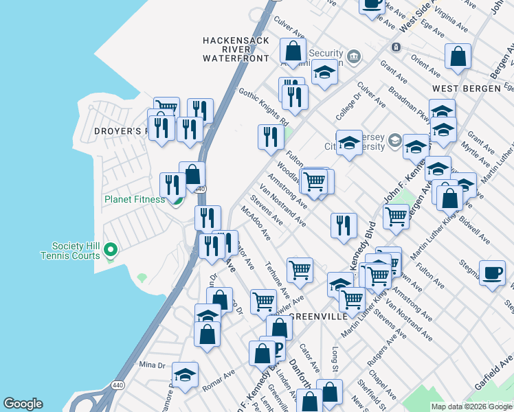 map of restaurants, bars, coffee shops, grocery stores, and more near 236 McAdoo Avenue in Jersey City