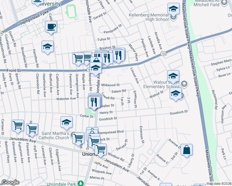 map of restaurants, bars, coffee shops, grocery stores, and more near 736 Salem Road in Uniondale