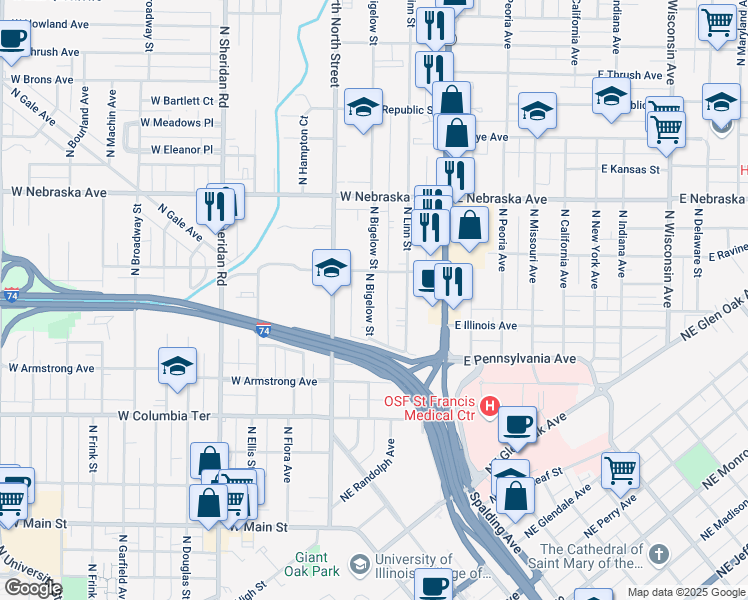 map of restaurants, bars, coffee shops, grocery stores, and more near 1604 N Bigelow St in Peoria