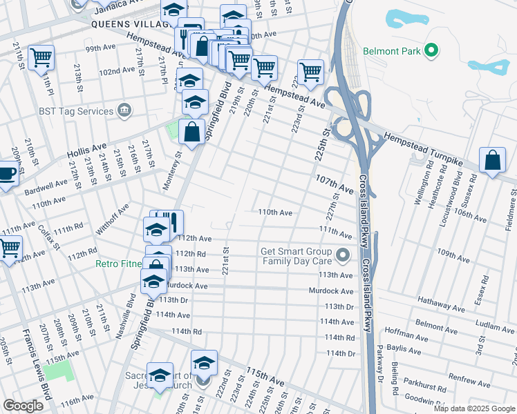 map of restaurants, bars, coffee shops, grocery stores, and more near 109-23 222nd Street in Queens