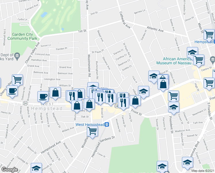 map of restaurants, bars, coffee shops, grocery stores, and more near 67 Stratford Road in West Hempstead
