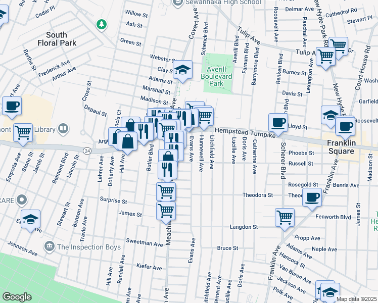 map of restaurants, bars, coffee shops, grocery stores, and more near 42 Evans Avenue in Elmont