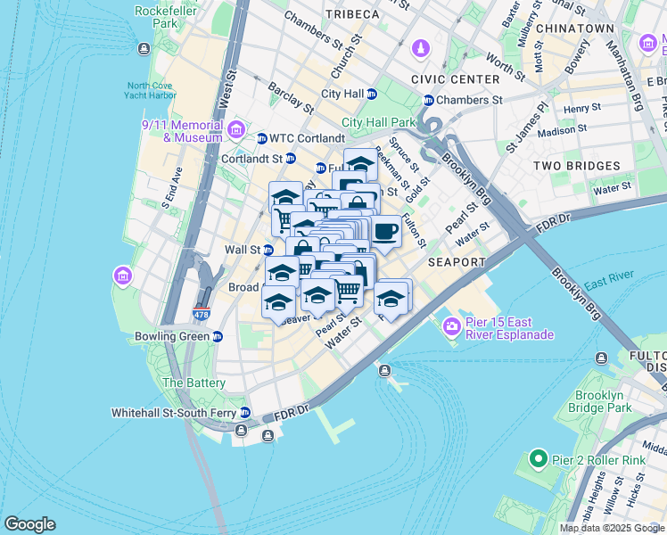 map of restaurants, bars, coffee shops, grocery stores, and more near 60 William Street in New York