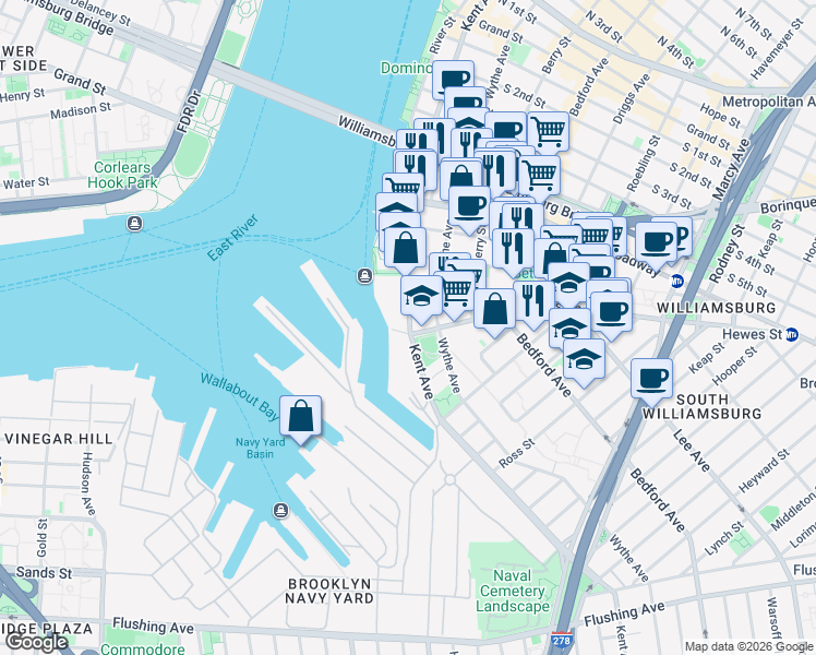 map of restaurants, bars, coffee shops, grocery stores, and more near 31 Division Avenue in Brooklyn