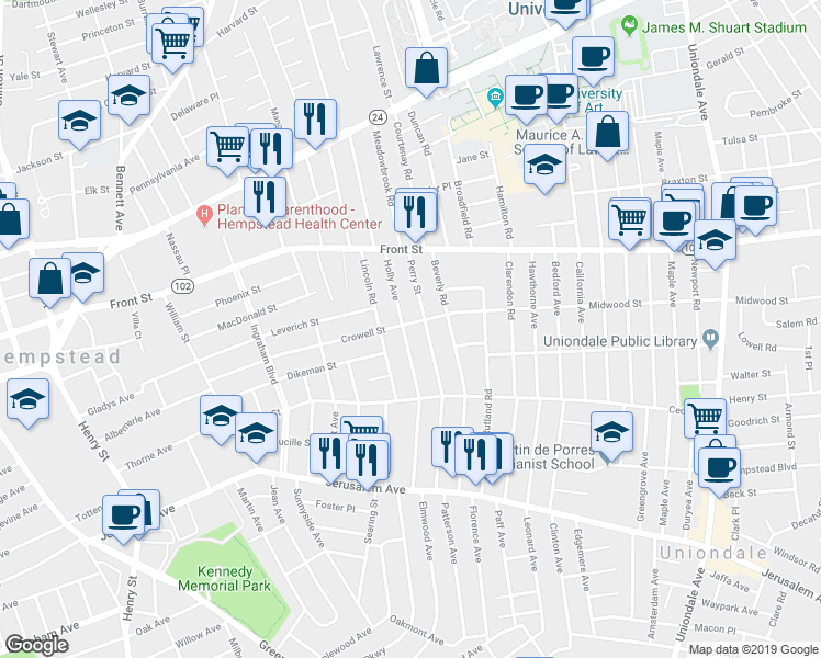 map of restaurants, bars, coffee shops, grocery stores, and more near 84 Holly Avenue in Hempstead