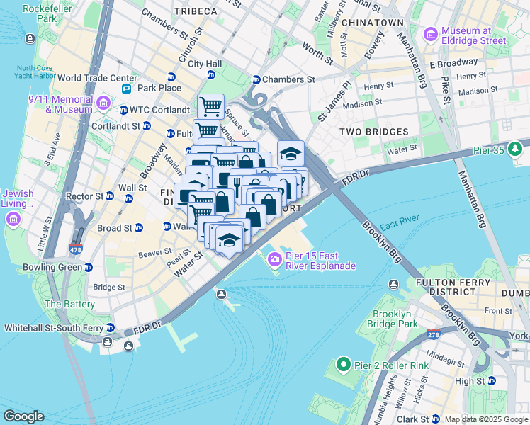 map of restaurants, bars, coffee shops, grocery stores, and more near 266 Pearl Street in New York