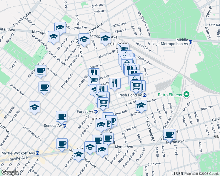 map of restaurants, bars, coffee shops, grocery stores, and more near 6004 Woodbine Street in Queens