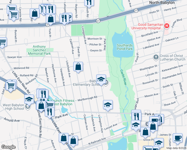 map of restaurants, bars, coffee shops, grocery stores, and more near 227 Livingston Avenue in Babylon