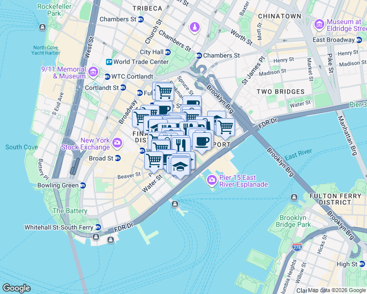 map of restaurants, bars, coffee shops, grocery stores, and more near 180 Water Street in New York