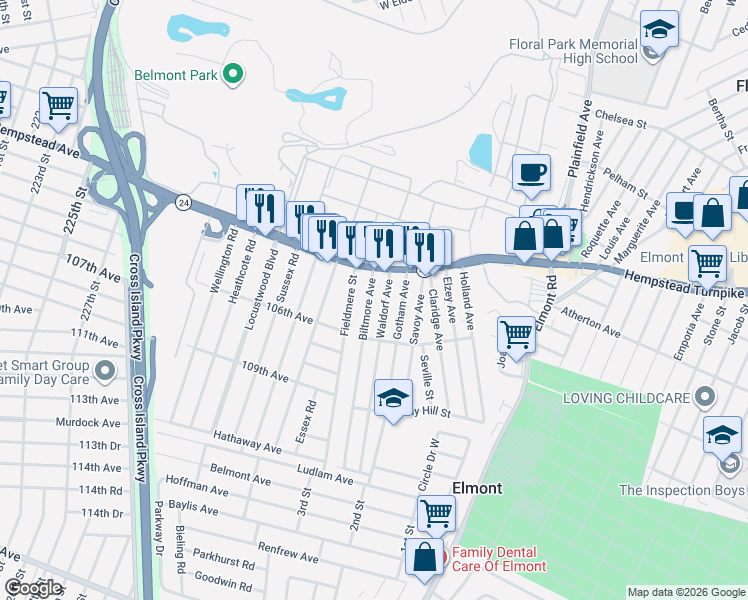 map of restaurants, bars, coffee shops, grocery stores, and more near 40 Biltmore Avenue in Elmont