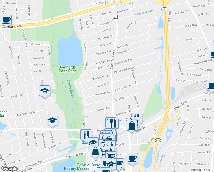 map of restaurants, bars, coffee shops, grocery stores, and more near 18 Lincoln Street in Babylon
