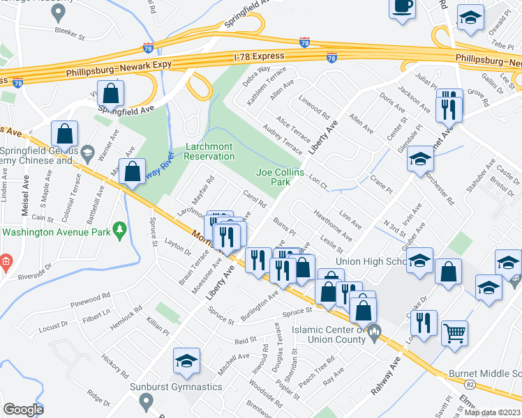 map of restaurants, bars, coffee shops, grocery stores, and more near 2712 Carol Road in Union