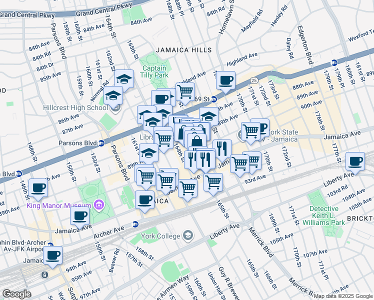 map of restaurants, bars, coffee shops, grocery stores, and more near 89-09 165th Street in Queens