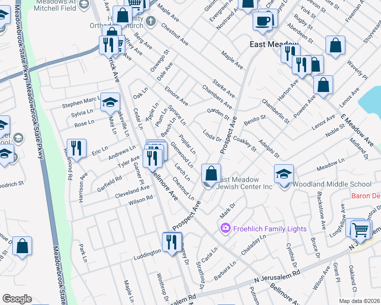 map of restaurants, bars, coffee shops, grocery stores, and more near 510 Poplar Lane in East Meadow