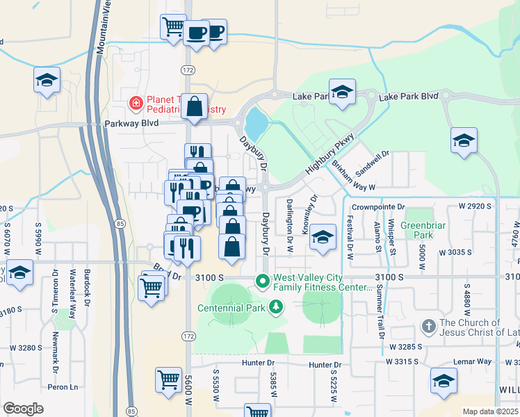 map of restaurants, bars, coffee shops, grocery stores, and more near 5414 West Brentford Court in West Valley City