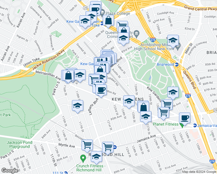 map of restaurants, bars, coffee shops, grocery stores, and more near 84-38 Beverly Road in Queens