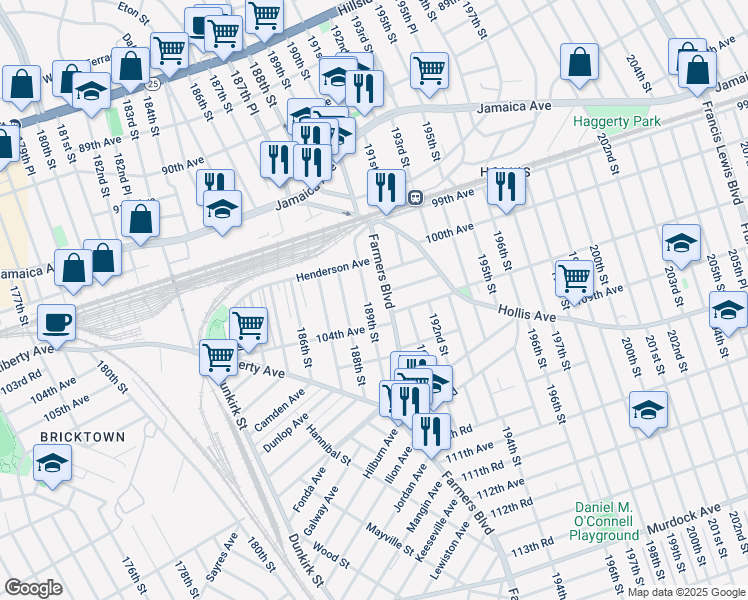 map of restaurants, bars, coffee shops, grocery stores, and more near 102-44 189th Street in Queens