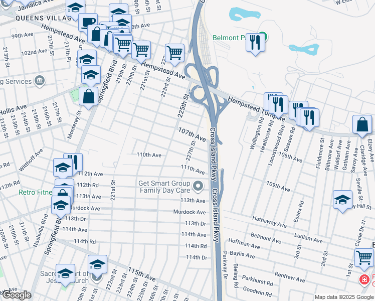 map of restaurants, bars, coffee shops, grocery stores, and more near 108-12 227th Street in Queens