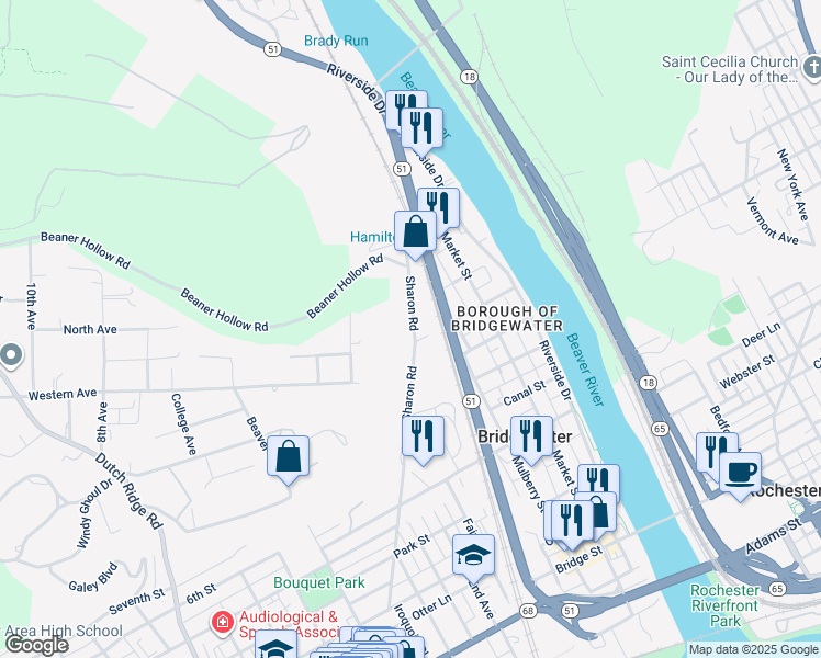 map of restaurants, bars, coffee shops, grocery stores, and more near 1321 Sharon Road in Beaver