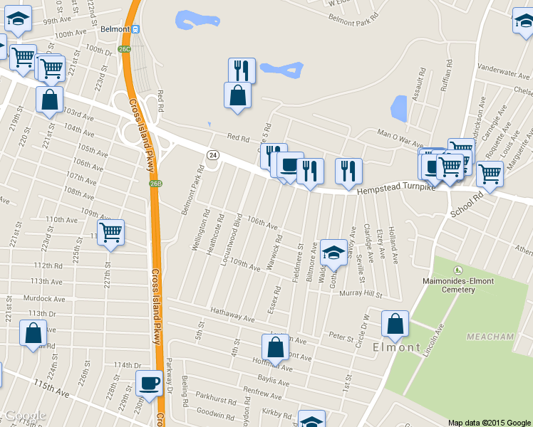 map of restaurants, bars, coffee shops, grocery stores, and more near 47 Sterling Road in Elmont