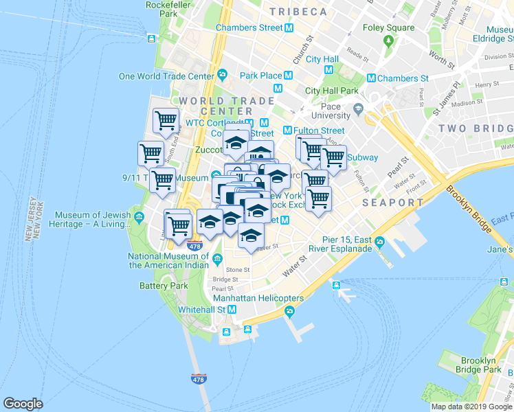 map of restaurants, bars, coffee shops, grocery stores, and more near 4 New Street in New York