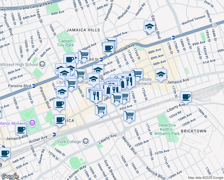 map of restaurants, bars, coffee shops, grocery stores, and more near 168-12 91st Avenue in Queens