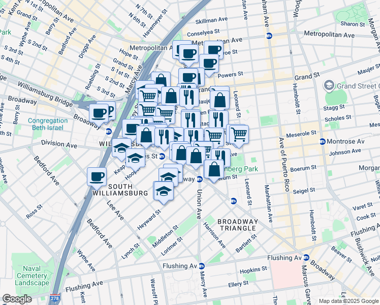 map of restaurants, bars, coffee shops, grocery stores, and more near 436 South 5th Street in Brooklyn