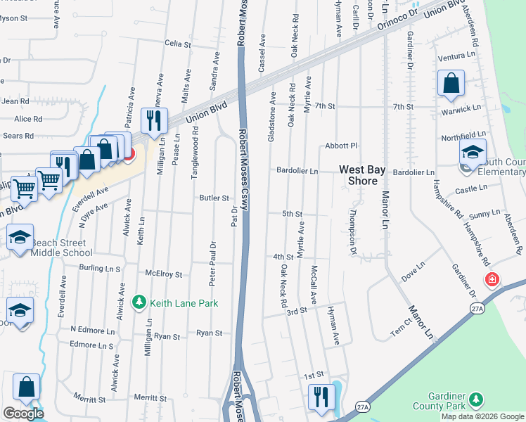 map of restaurants, bars, coffee shops, grocery stores, and more near 92 Gladstone Avenue in West Islip