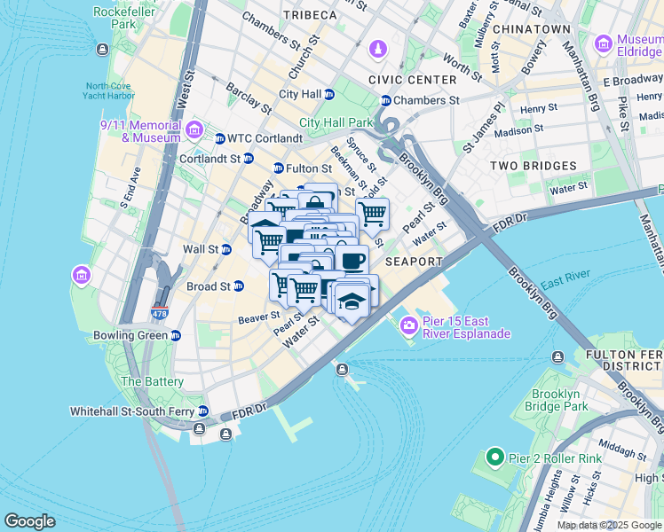 map of restaurants, bars, coffee shops, grocery stores, and more near 101 Maiden Lane in New York