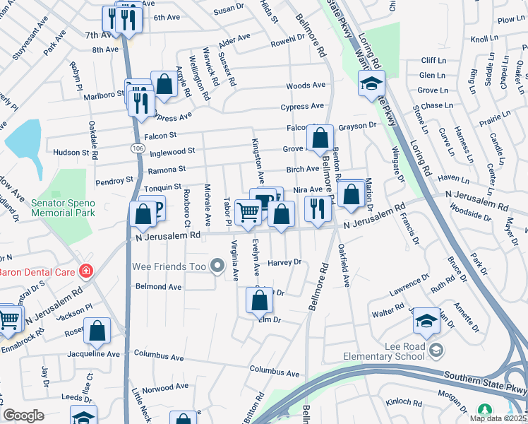 map of restaurants, bars, coffee shops, grocery stores, and more near 652 Vernon Avenue in East Meadow