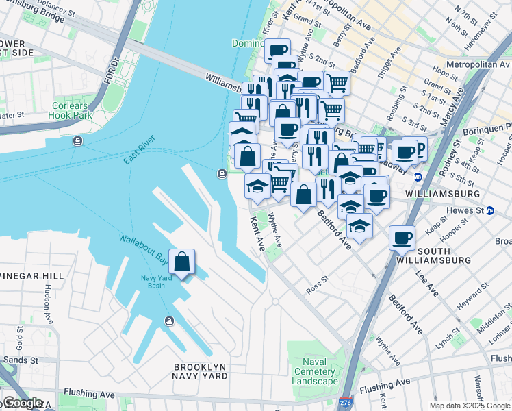 map of restaurants, bars, coffee shops, grocery stores, and more near 31 Division Avenue in Brooklyn