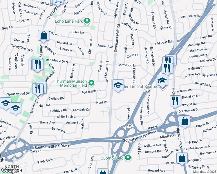 map of restaurants, bars, coffee shops, grocery stores, and more near 219 Red Maple Drive in Levittown