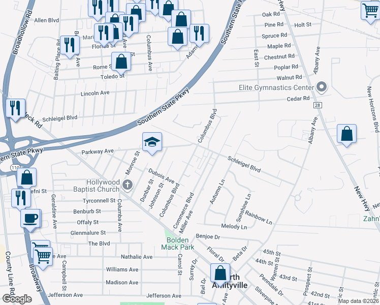 map of restaurants, bars, coffee shops, grocery stores, and more near 105 Columbus Boulevard in Amityville