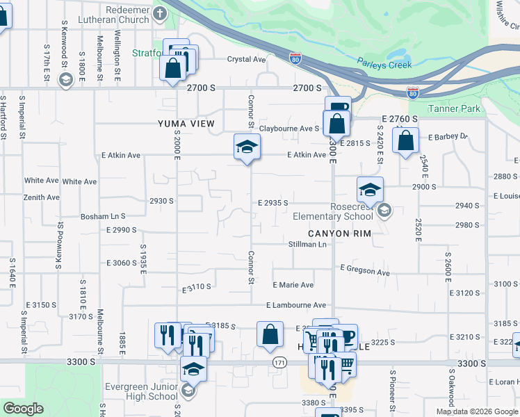 map of restaurants, bars, coffee shops, grocery stores, and more near 3000 Connor Street in Salt Lake City