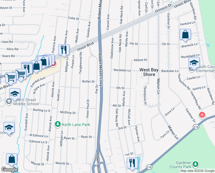 map of restaurants, bars, coffee shops, grocery stores, and more near 92 Gladstone Avenue in West Islip