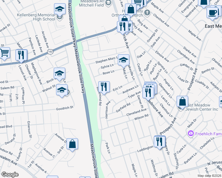 map of restaurants, bars, coffee shops, grocery stores, and more near 1439 Eric Lane in East Meadow