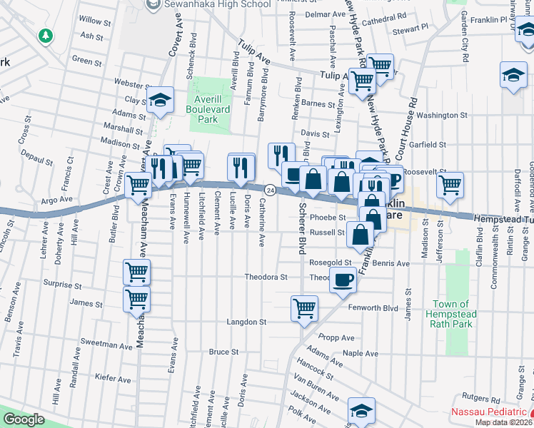 map of restaurants, bars, coffee shops, grocery stores, and more near 45 Catherine Avenue in Franklin Square