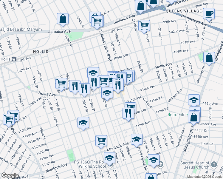 map of restaurants, bars, coffee shops, grocery stores, and more near 205-26 Hollis Avenue in Queens