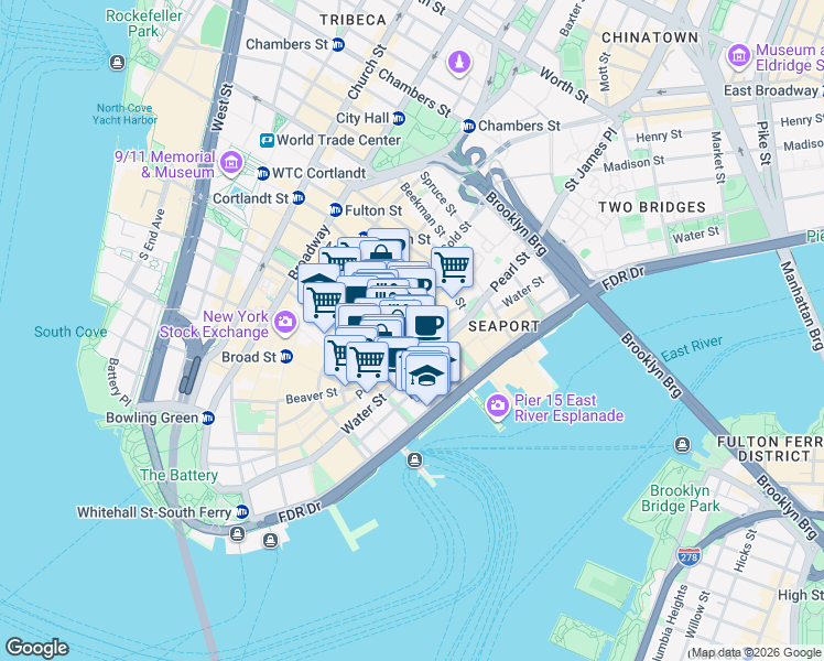 map of restaurants, bars, coffee shops, grocery stores, and more near Pearl Street in New York
