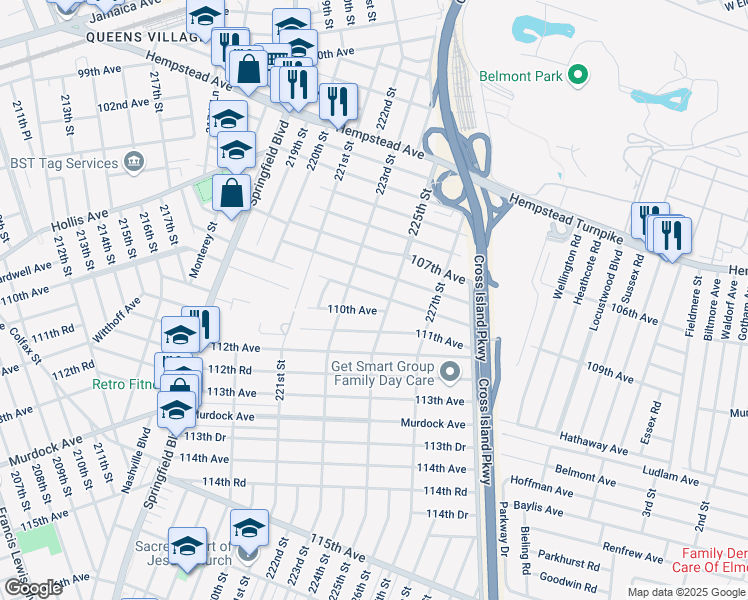 map of restaurants, bars, coffee shops, grocery stores, and more near 223-26 109th Avenue in Queens