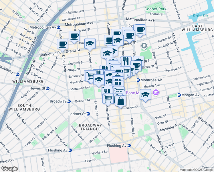 map of restaurants, bars, coffee shops, grocery stores, and more near 138 Montrose Avenue in Brooklyn