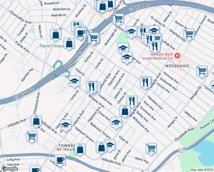 map of restaurants, bars, coffee shops, grocery stores, and more near 1602 Bayview Avenue in Hillside