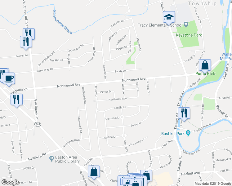 map of restaurants, bars, coffee shops, grocery stores, and more near 2615 Clover Drive in Easton