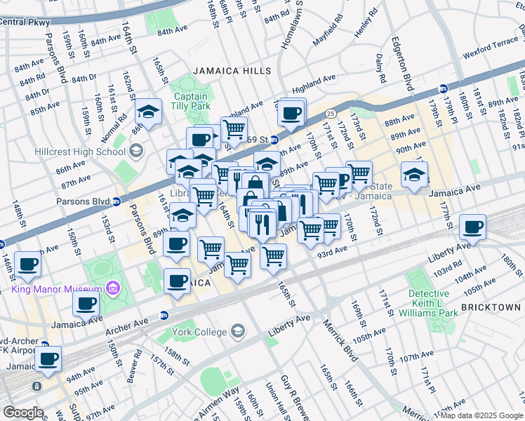 map of restaurants, bars, coffee shops, grocery stores, and more near 166-11 91st Avenue in Queens