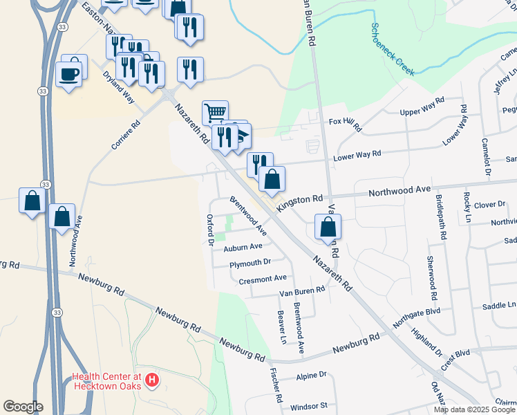 map of restaurants, bars, coffee shops, grocery stores, and more near 205 Brentwood Avenue in Easton